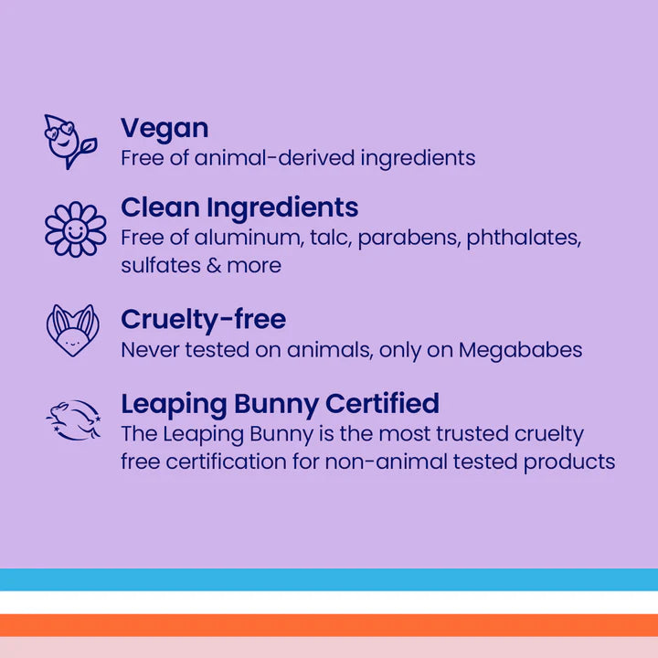 Megababe Product label with vegan, clean ingredients, cruelty-free, and Leaping Bunny Certified icons and text on a purple background.
