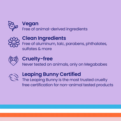 Megababe Product label with vegan, clean ingredients, cruelty-free, and Leaping Bunny Certified icons and text on a purple background.