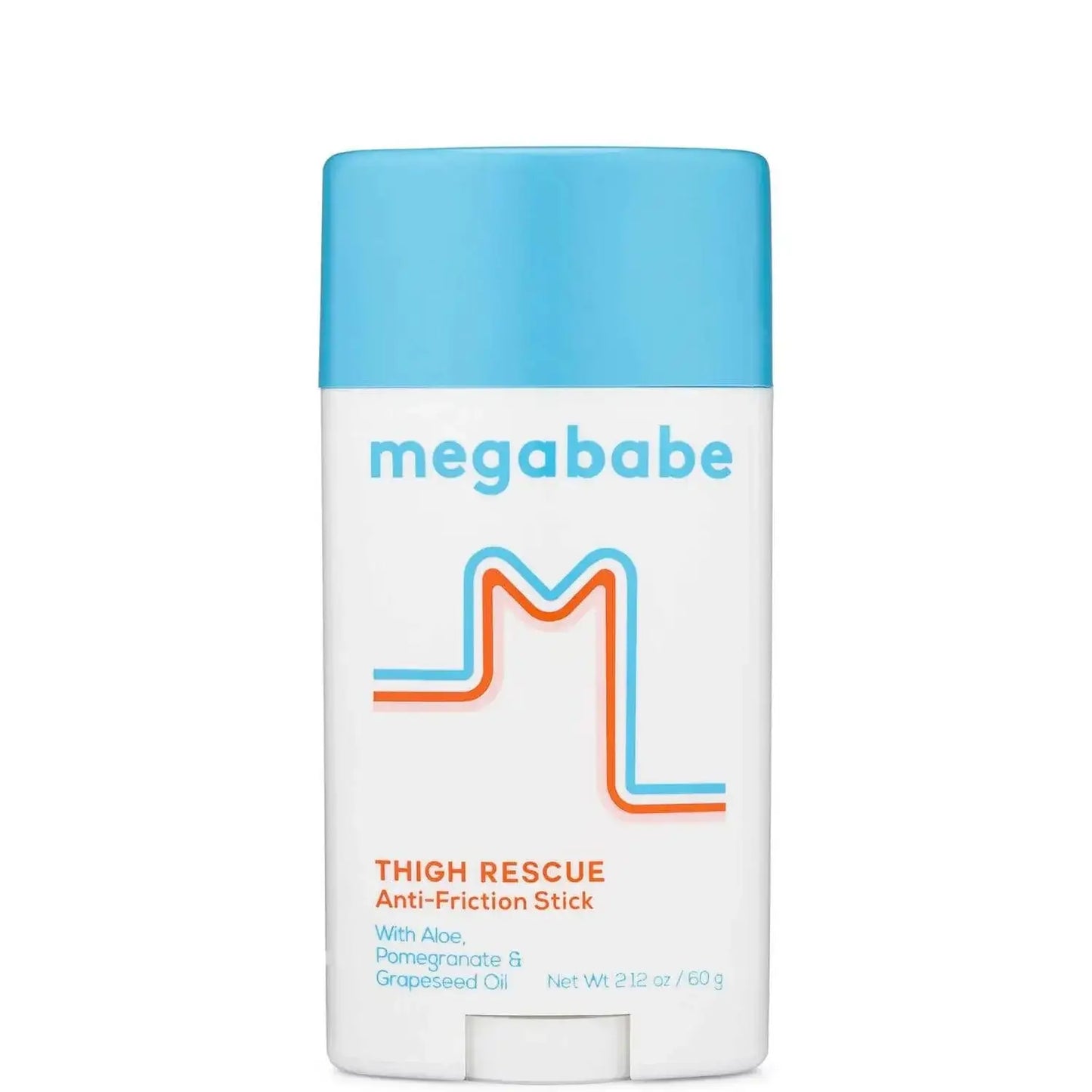 Megababe Thigh Rescue Anti-Friction Stick for chafing relief, featuring aloe, pomegranate, and grapeseed oil.