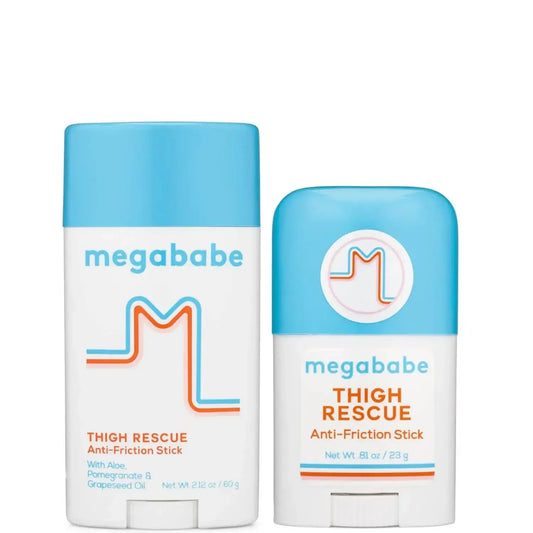 Megababe Thigh Rescue anti-friction sticks on a white background, designed to prevent chafing for summer comfort.