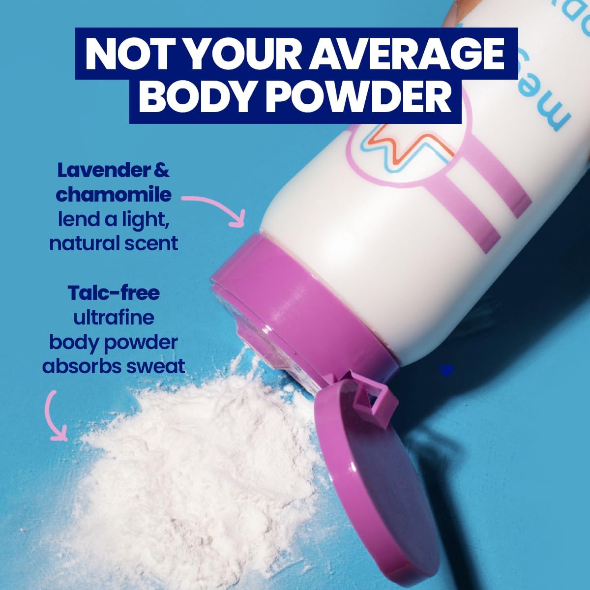 Megababe Body powder container with text highlighting features on a blue background