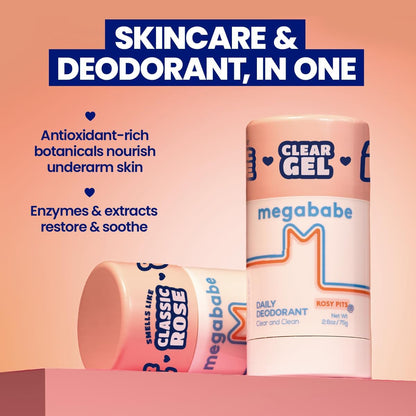 Two deodorant products with 'megababe' branding on a pink background.