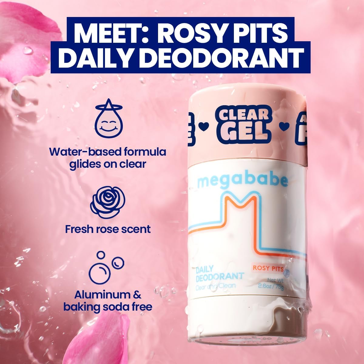Megababe Rosy Pits daily deodorant with product details on a pink background