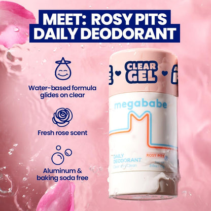 Megababe Rosy Pits daily deodorant with product details on a pink background