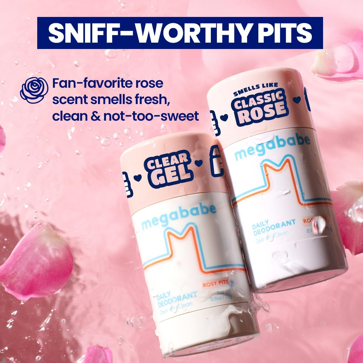 Two deodorant products with 'megababe' branding on a pink background with rose petals.