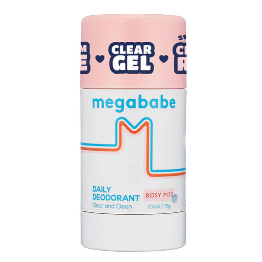 Megababe daily deodorant stick with pink cap on a white background
