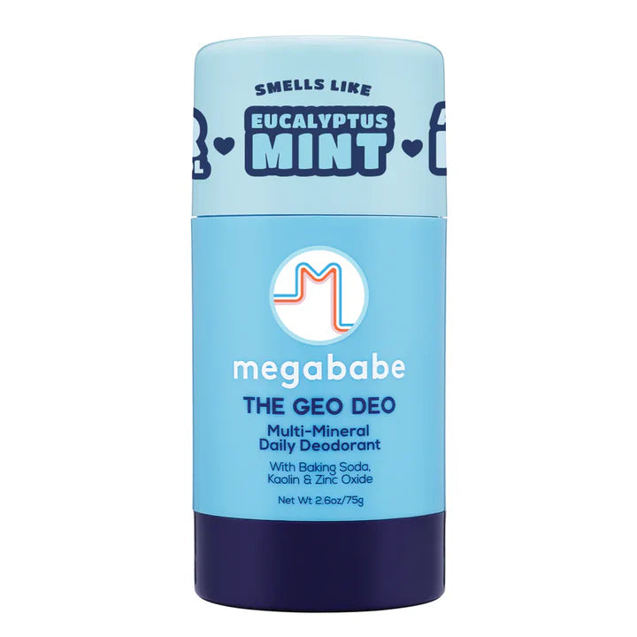 Blue deodorant stick with 'megababe' branding on a white background