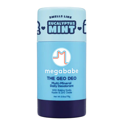 Blue deodorant stick with 'megababe' branding on a white background