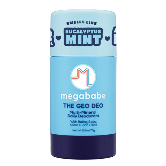 Blue deodorant stick with 'megababe' branding on a white background