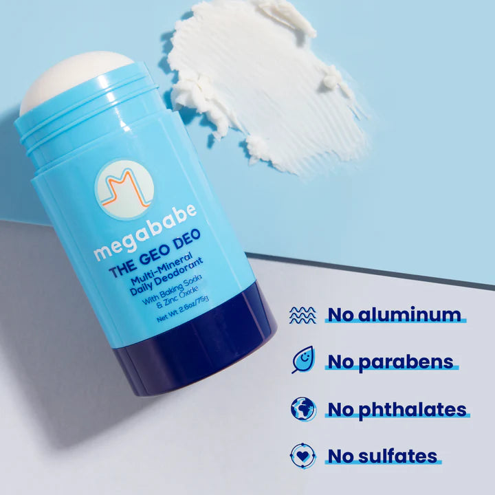 Blue deodorant stick with 'megababe' branding on a light blue background