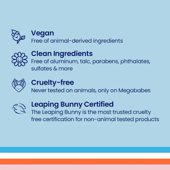 Megababe Certification labels for vegan, clean ingredients, cruelty-free, and Leaping Bunny Certified products on a blue background.