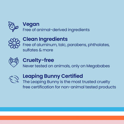 Megababe Certification labels for vegan, clean ingredients, cruelty-free, and Leaping Bunny Certified products on a blue background.