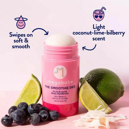 Megababe The Smoothie Deo deodorant stick with blueberries and lime, highlighting its coconut-lime-bilberry scent.