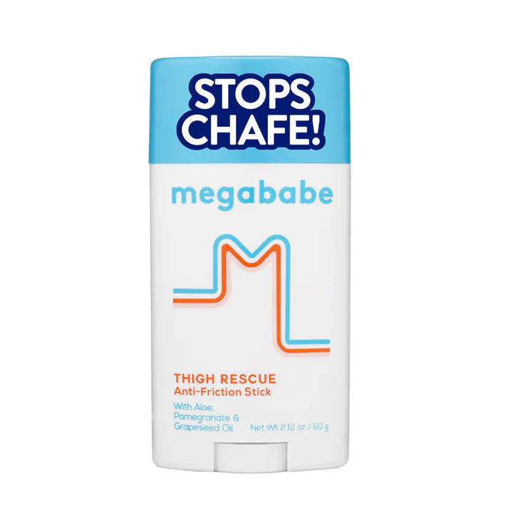 Thigh rescue anti-friction stick by megababe with blue and white packaging.