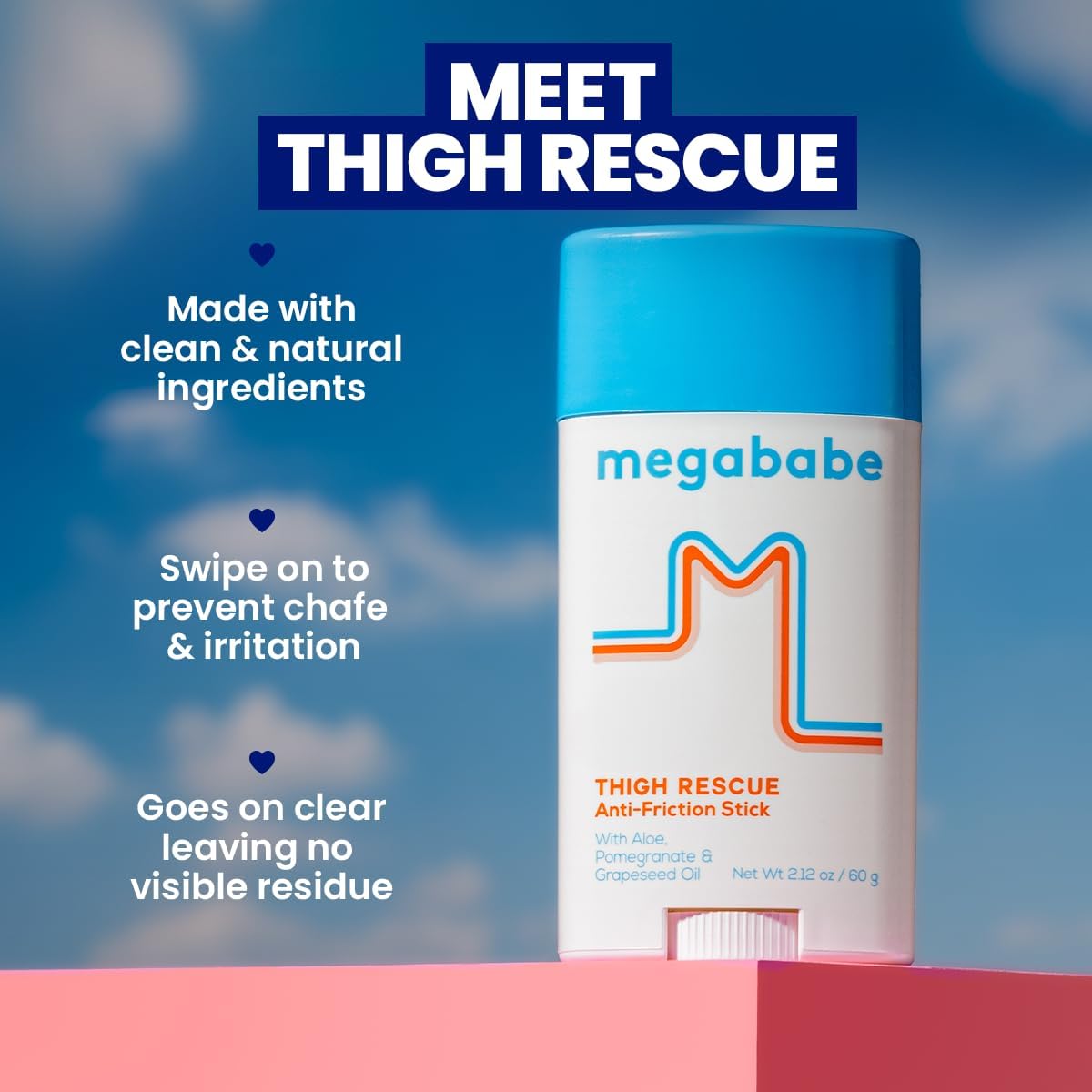 Megababe Thigh Rescue stick with blue and white packaging on a blue background