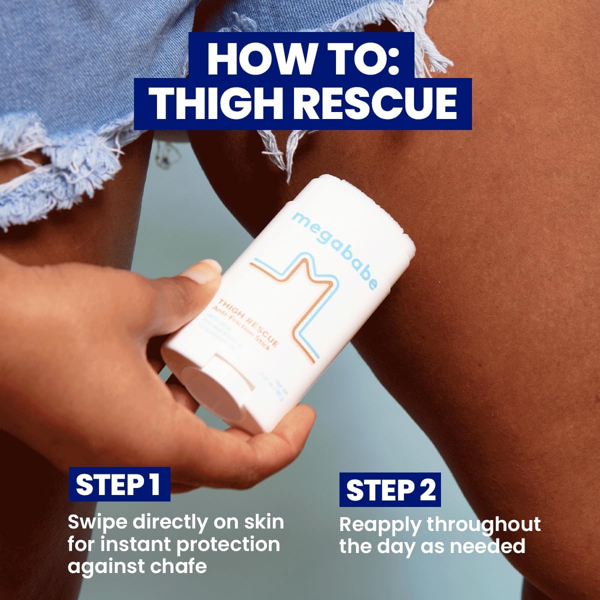 Person holding a tube of Megababe Thigh Rescue with instructions on how to use it.