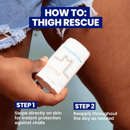 Person holding a tube of Megababe Thigh Rescue with instructions on how to use it.