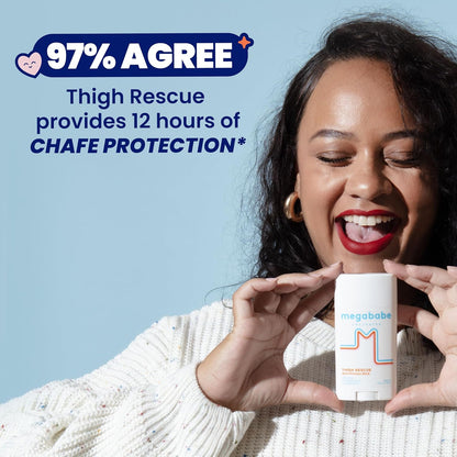 Woman holding a Megababe product with text about thigh rescue and chafe protection on a blue background