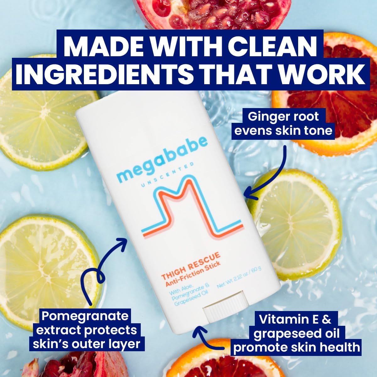 Megababe thigh rescue stick with ingredients listed on a colorful background
