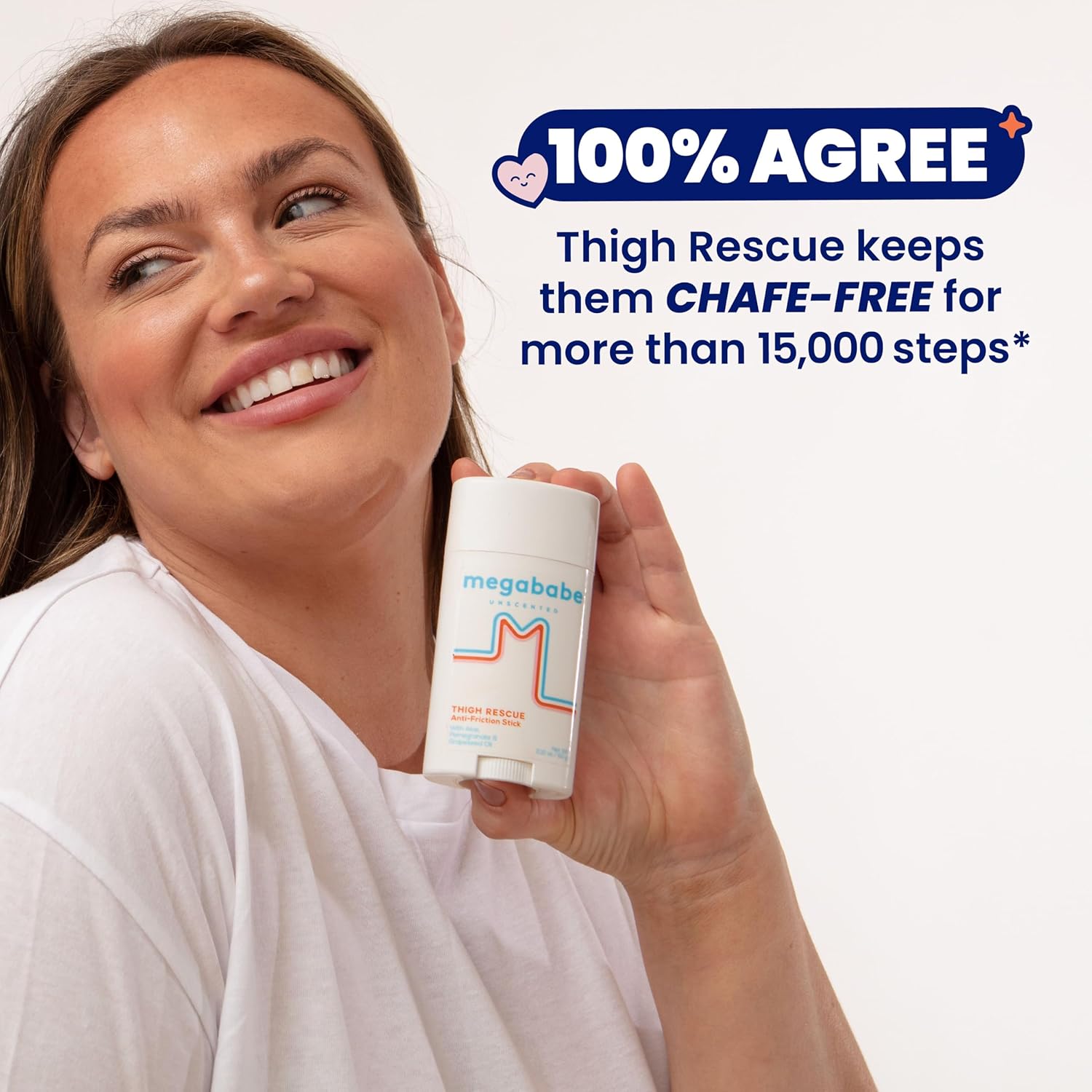 Woman holding a container of 'megababe' with promotional text on a white background