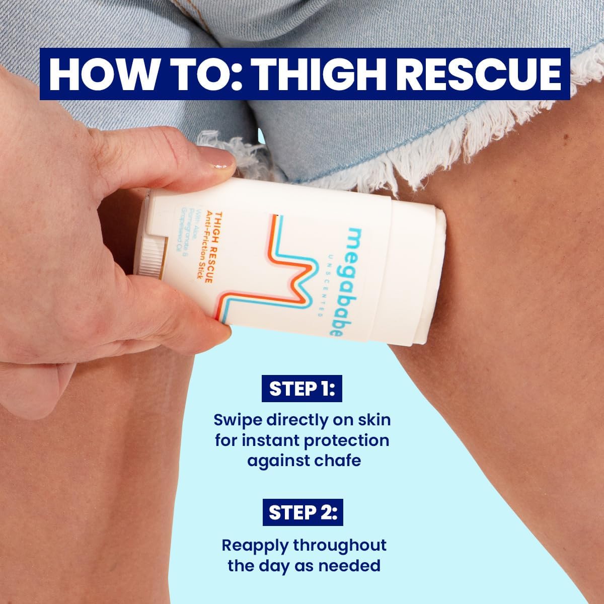 Person applying 'Megababe' thigh rescue cream to their leg with instructions on how to use it.