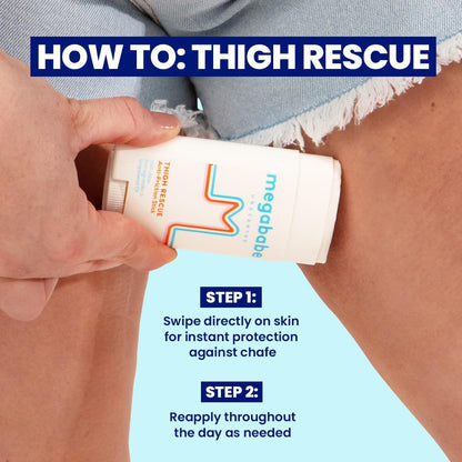 Person applying 'Megababe' thigh rescue cream to their leg with instructions on how to use it.