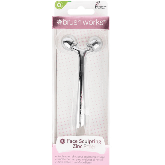 Brushworks Face Sculpting Zinc Roller in packaging for facial massage and skin toning.
