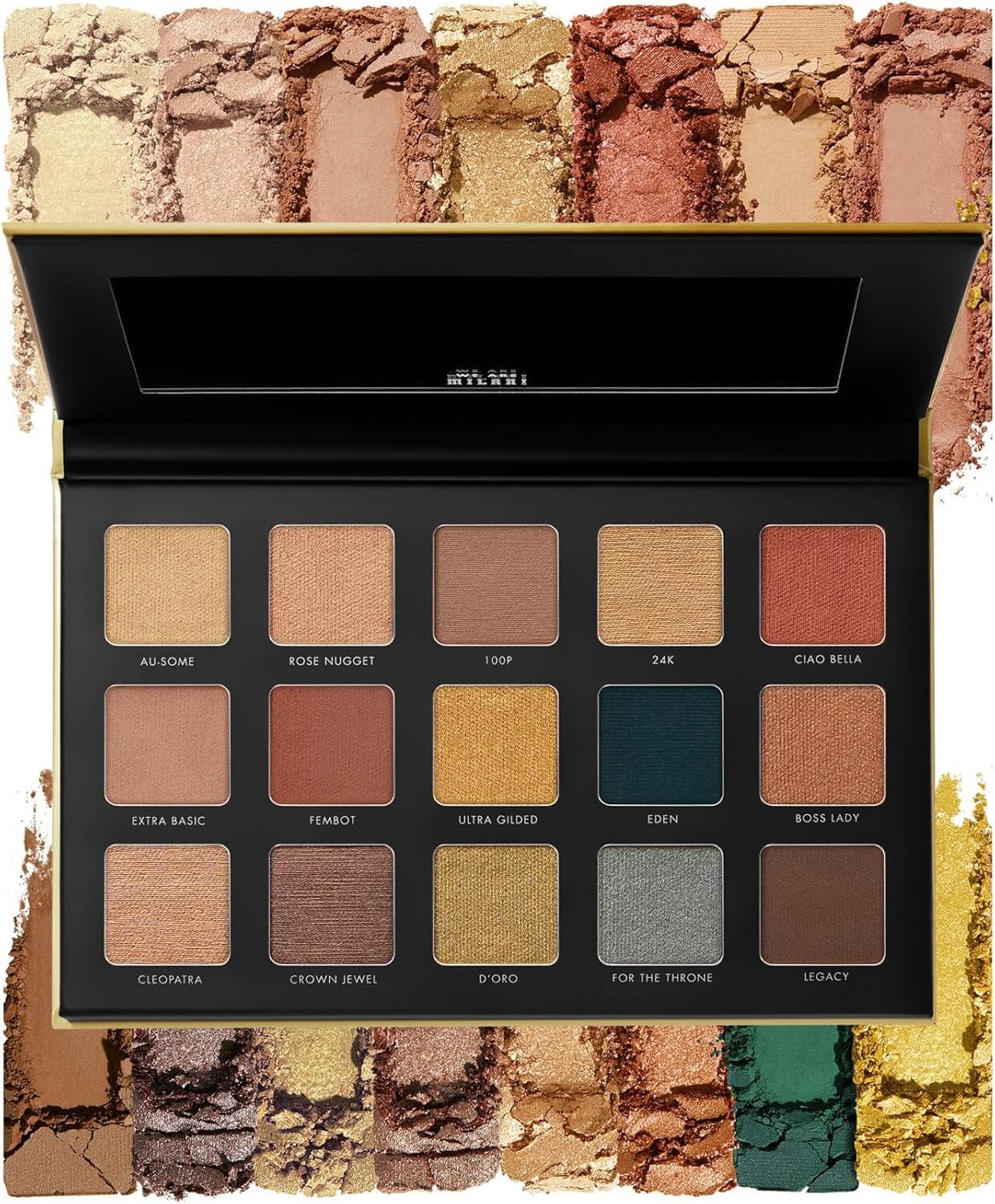 Milani Gilded Gold Eyeshadow Palette displaying 15 luxurious matte and metallic shades.