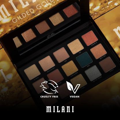 Milani Gilded Gold Eyeshadow Palette showcasing 15 richly pigmented shades, cruelty-free and vegan.