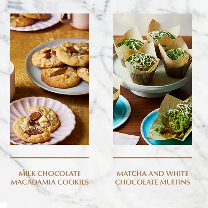 Delicious Lindt milk chocolate macadamia cookies and matcha white chocolate muffins displayed on elegant plates.