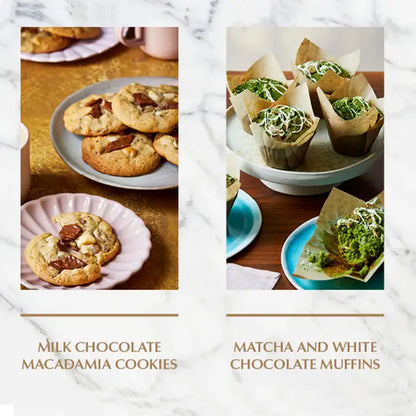 Delicious Lindt milk chocolate macadamia cookies and matcha white chocolate muffins displayed on elegant plates.
