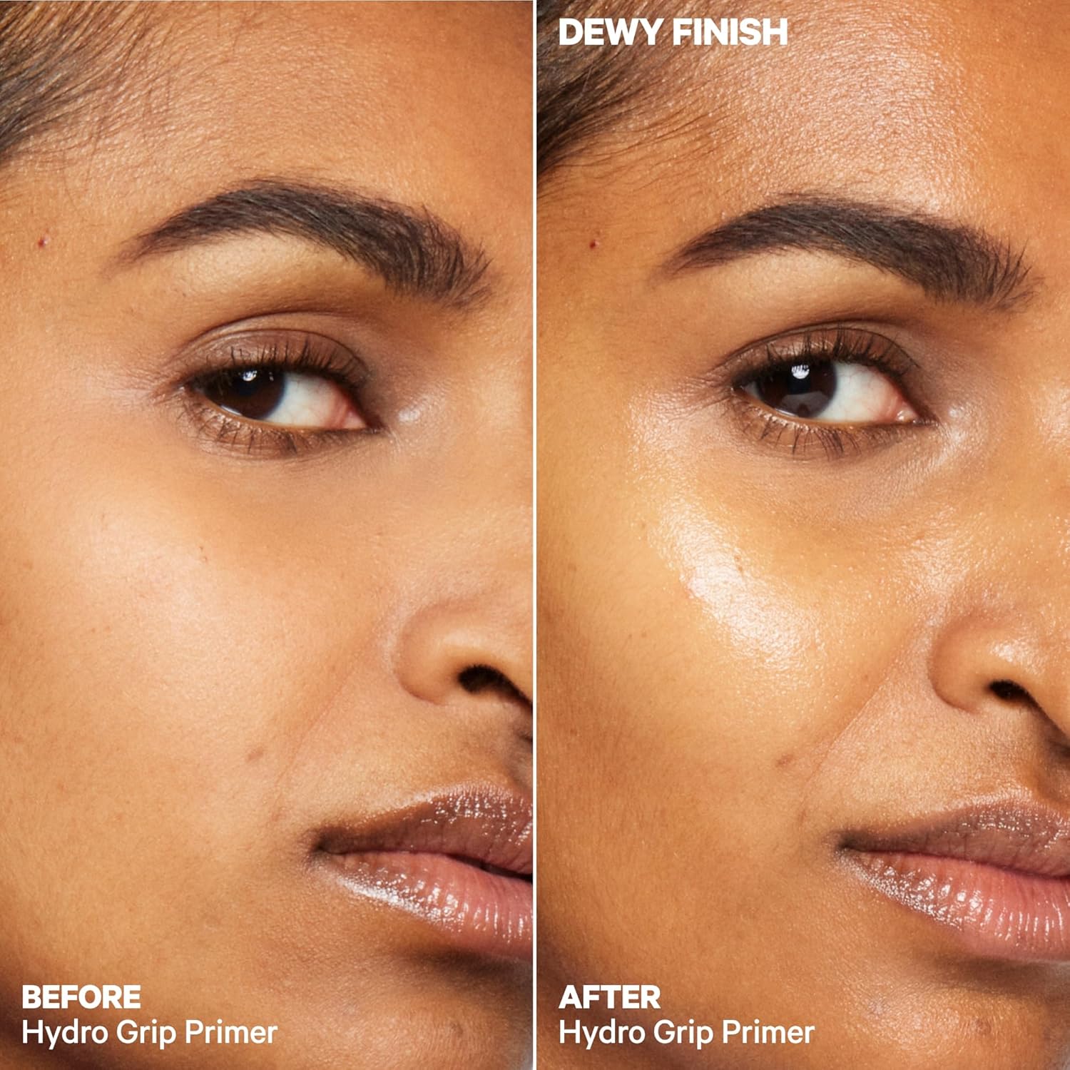 Before and after comparison of a woman's face with  MILK Makeup Hydro Grip Primer on a dewy finish.