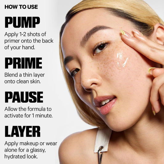 Woman applying MILK makeup with text on how to use a pump, prime, pause, and layer.
