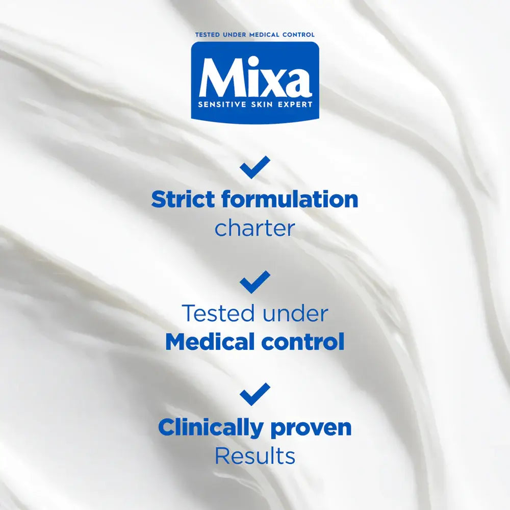 Mixa skincare product with branding and certification text on a white background