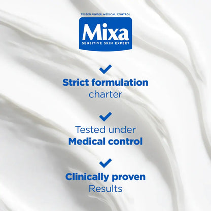 Mixa skincare product with branding and certification text on a white background