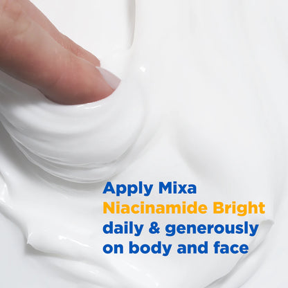 Close-up of a hand applying white cream with text about using Mixa Niacinamide Bright.