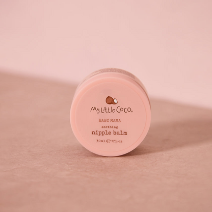 Pink container of 'My Little Coco' nipple balm on a pink background