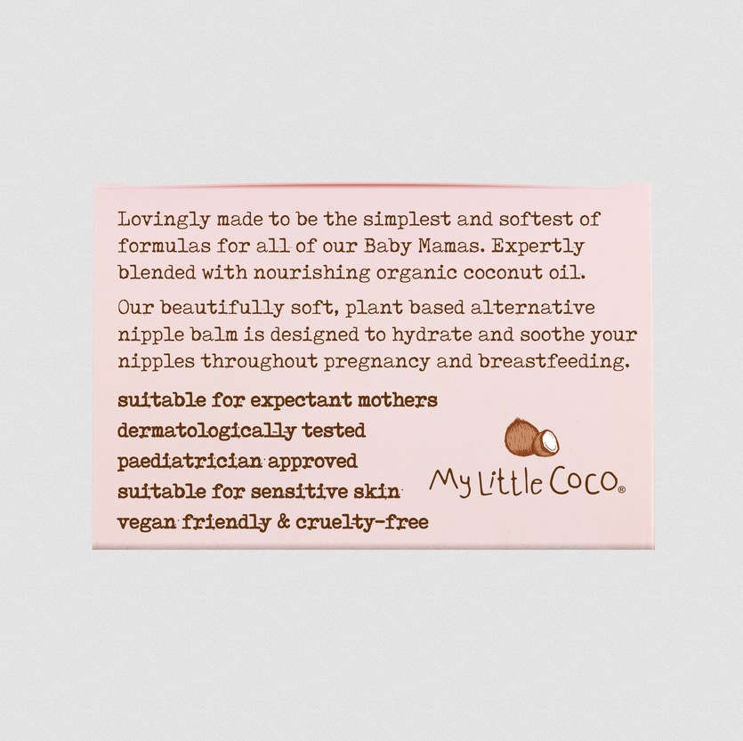 My Little Coco Product description card for nipple balm with branding and features on a light pink background