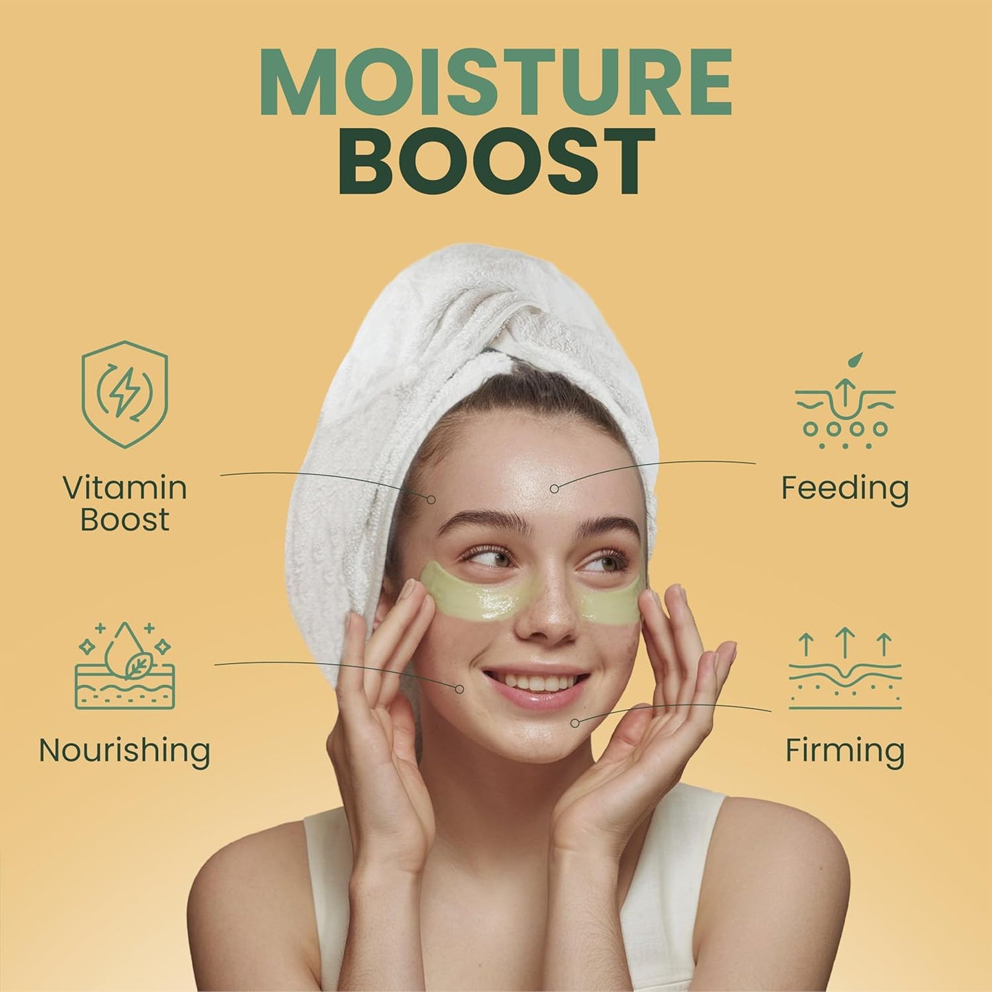 Woman with a towel on her head, wearing MUDMASKY eye patches, with text and icons about moisture boost benefits on a beige background.