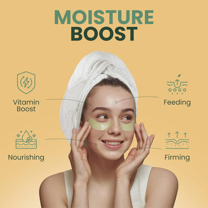 Woman with a towel on her head, wearing MUDMASKY eye patches, with text and icons about moisture boost benefits on a beige background.