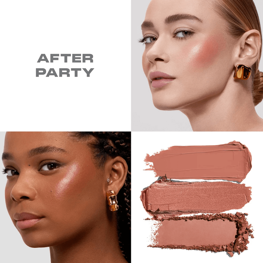 Morphe Cheek Thrills Multi-Finish Face Trio - After Party showcasing models and product swatches.