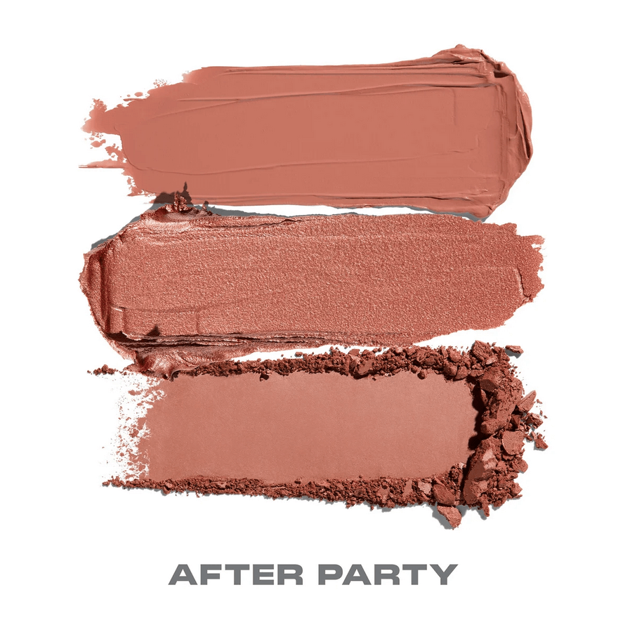 Morphe Cheek Thrills Multi-Finish Face Trio - After Party swatches featuring blush and bronzers.