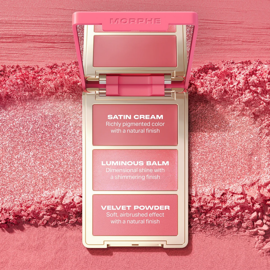 Morphe Cheek Thrills Multi-Finish Face Trio - After Party featuring Satin Cream, Luminous Balm, and Velvet Powder.