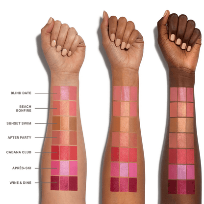 Morphe Cheek Thrills Multi-Finish Face Trio - After Party swatches on diverse skin tones showcasing vibrant colors.
