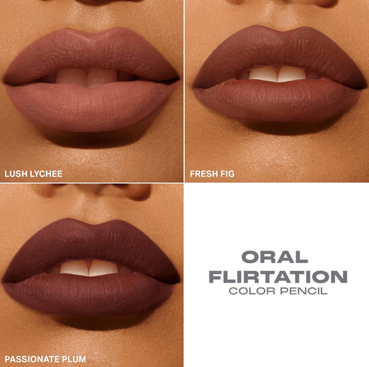 Close-up of lips showcasing MORPHE Oral Flirtation Color Pencil in Lush Lychee, Fresh Fig, and Passionate Plum shades.