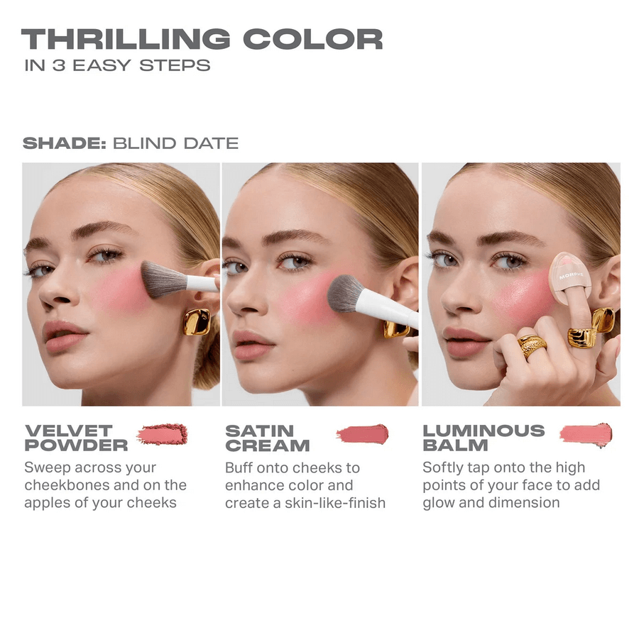 Morphe Cheek Thrills Multi-Finish Face Trio - After Party application tips with three easy steps and shade Blind Date.