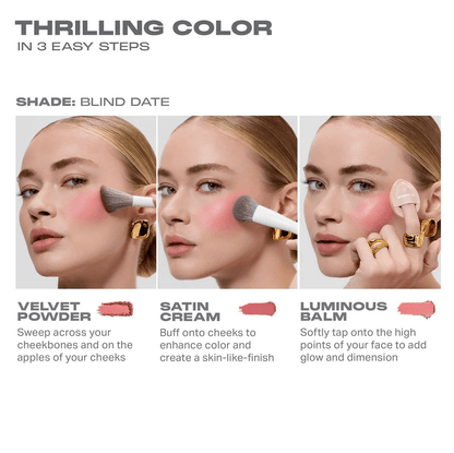 Morphe Cheek Thrills Multi-Finish Face Trio - After Party application tips with three easy steps and shade Blind Date.