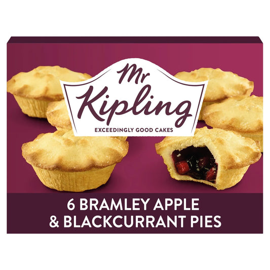 Box of Mr Kipling Bramley Apple & Blackcurrant Pies on a purple background