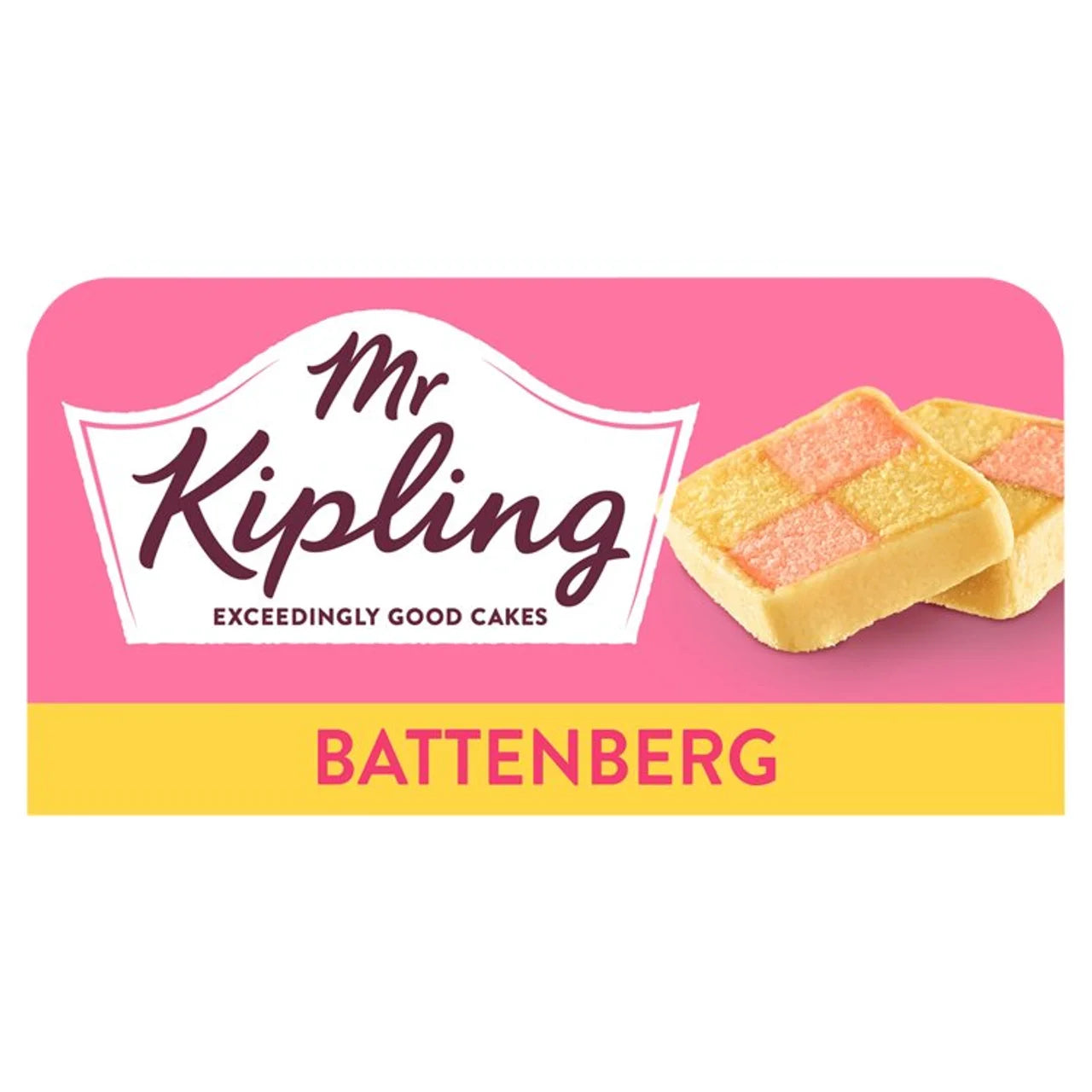 Mr Kipling Battenberg cake packaging with pink and yellow design