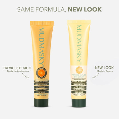 Two Mudmasky product tubes side by side, one labeled 'Previous Design' and the other 'New Look'.